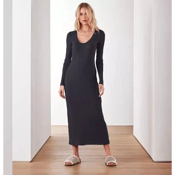 EUC James Perse Thermal Long Sleeve Maxi Dress Black Cotton Scoop Neck Rib Knit - Picture 1 of 16